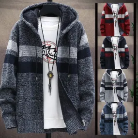 Men's Fleece Thickened Hooded Knitted Sweater Zip Up Cardigan