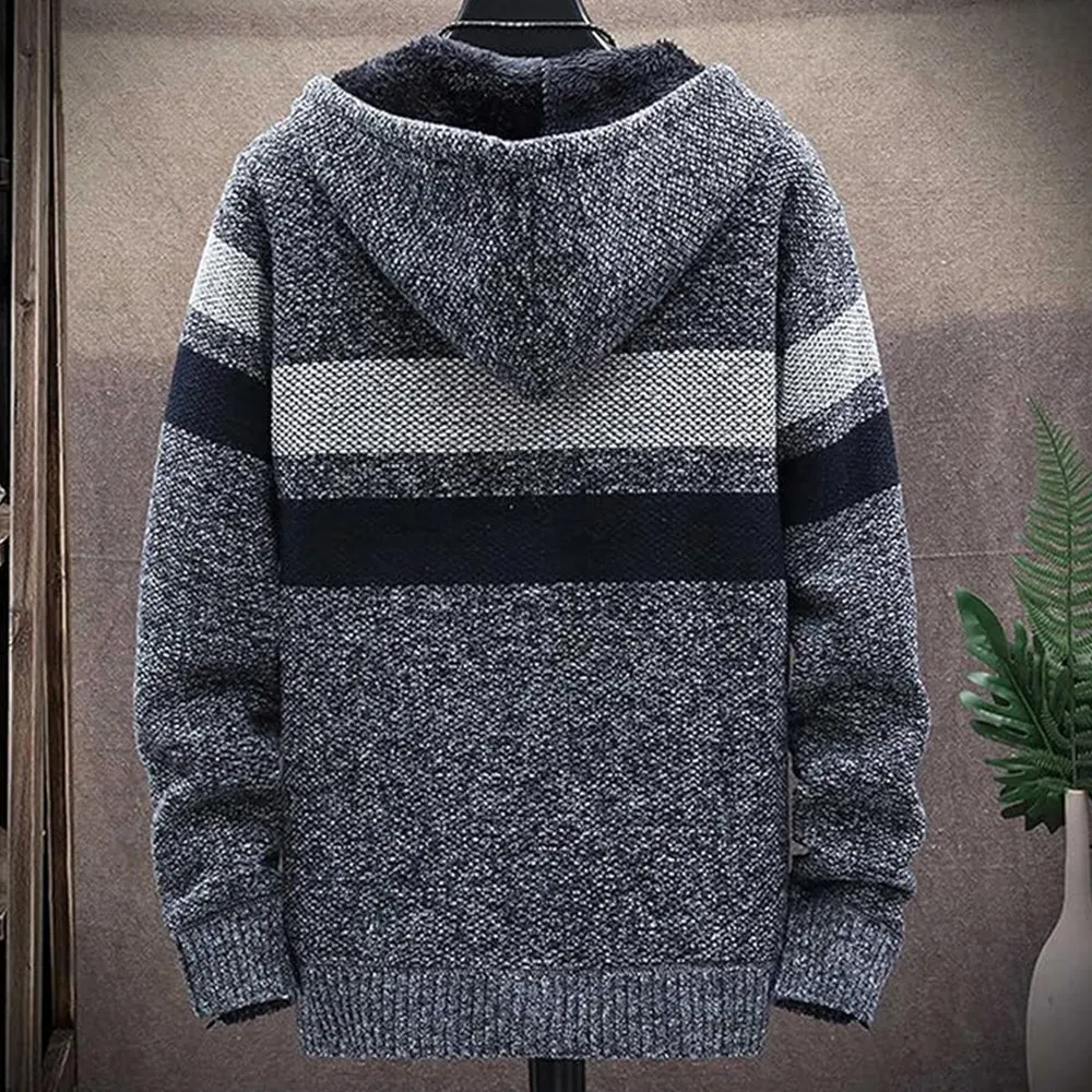 Men's Fleece Thickened Hooded Knitted Sweater Zip Up Cardigan