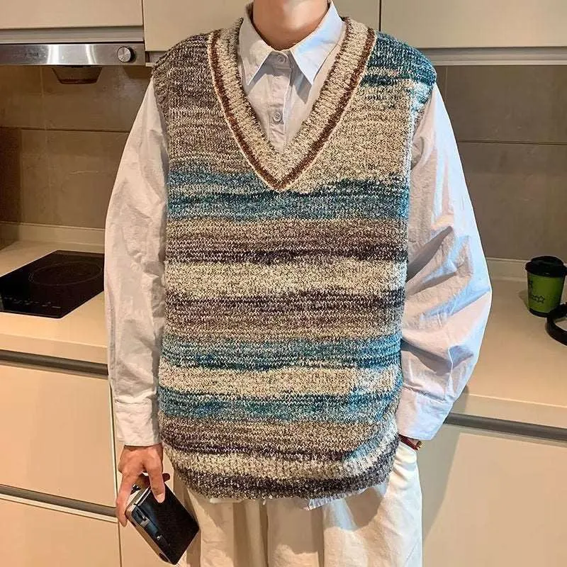 Men's Gradient Knitted Loose V-neck Sleeveless Sweater Vest