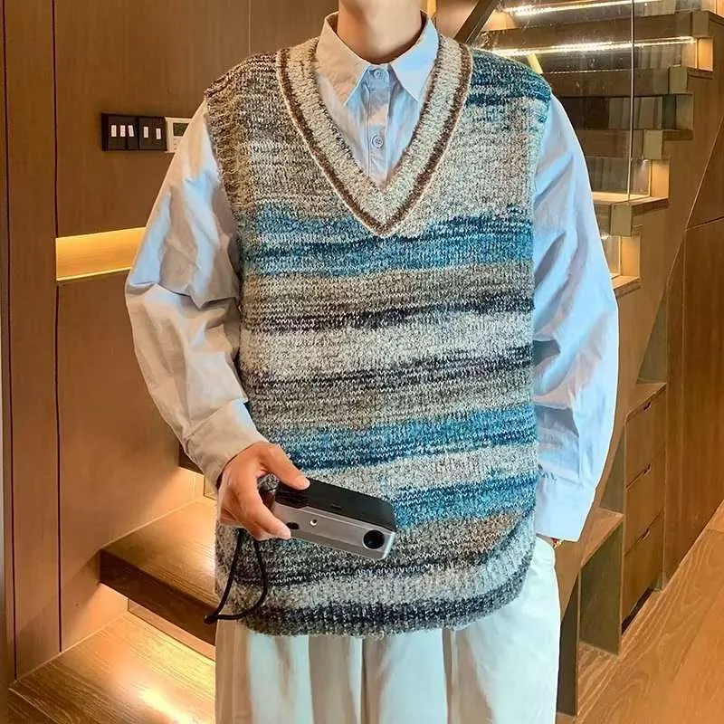 Men's Gradient Knitted Loose V-neck Sleeveless Sweater Vest