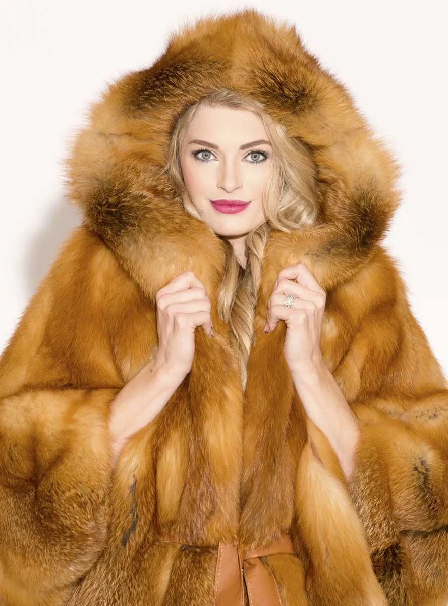 Natural Red Fox Fur Cape with Hood & Leather Belt