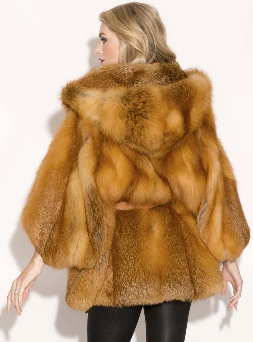 Natural Red Fox Fur Cape with Hood & Leather Belt