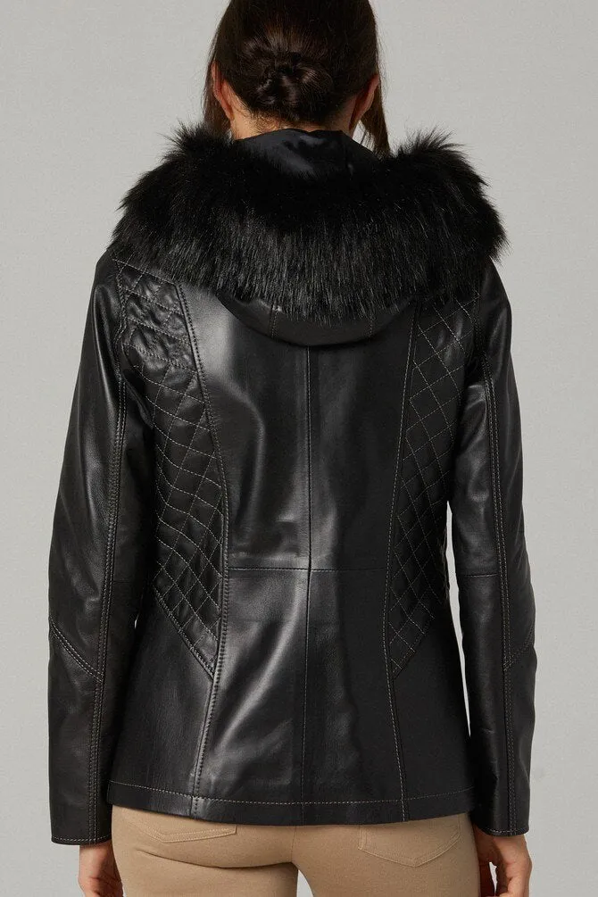Women Premium Quality Sheepskin Leather Faux Fur Hoodie By TJS