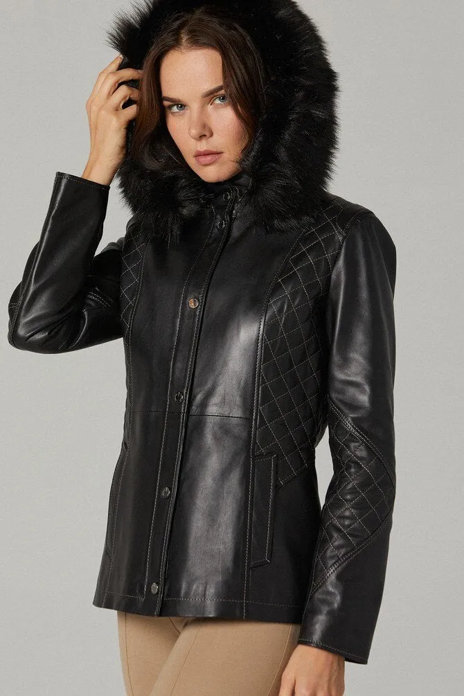 Women Premium Quality Sheepskin Leather Faux Fur Hoodie By TJS