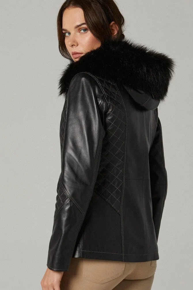 Women Premium Quality Sheepskin Leather Faux Fur Hoodie By TJS
