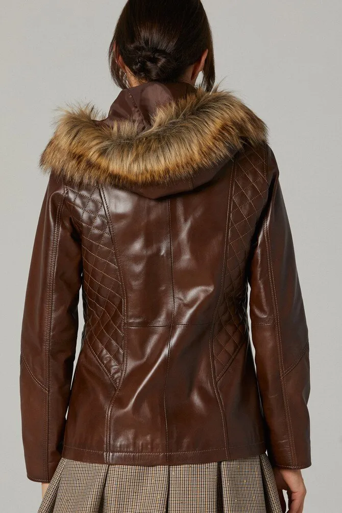 Women Premium Quality Sheepskin Leather Faux Fur Hoodie By TJS